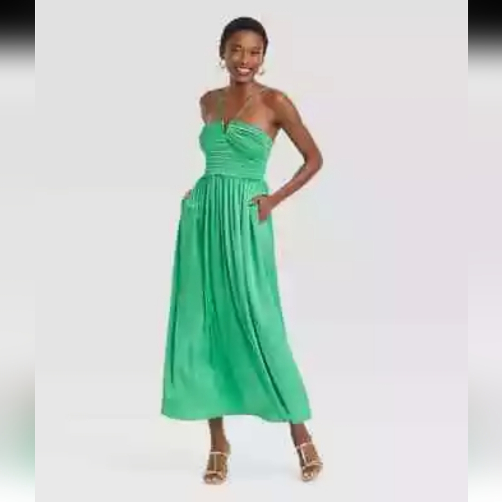 A New Day Green Smocked Ruched Midi Dress, Size Medium